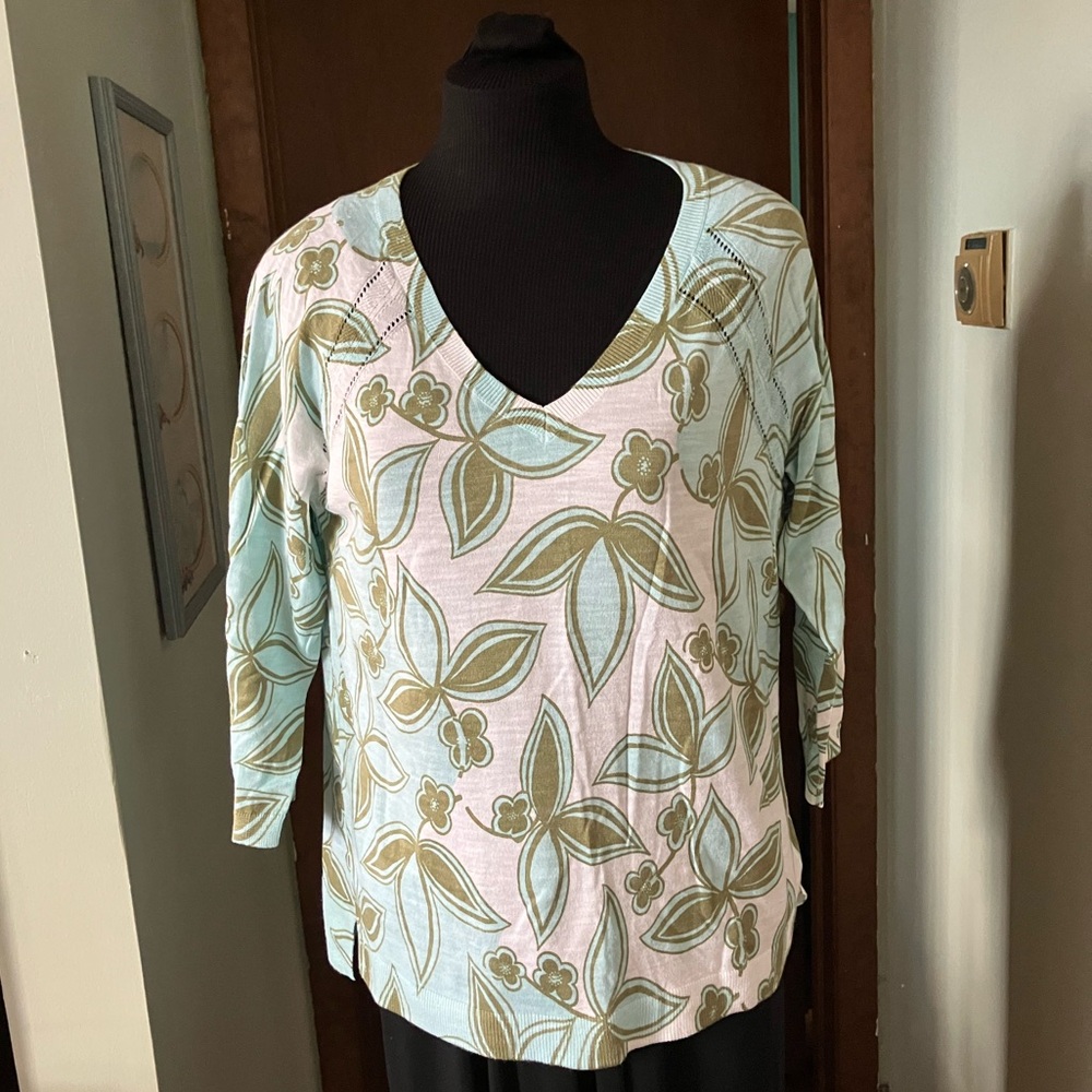 Talbots Floral Lightweight V Neck Pullover Sweater Size Petite Large NWT